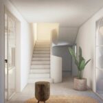 Render de una escalera con iluminación dramática