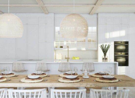 Detalle de un comedor con cocina al fondo