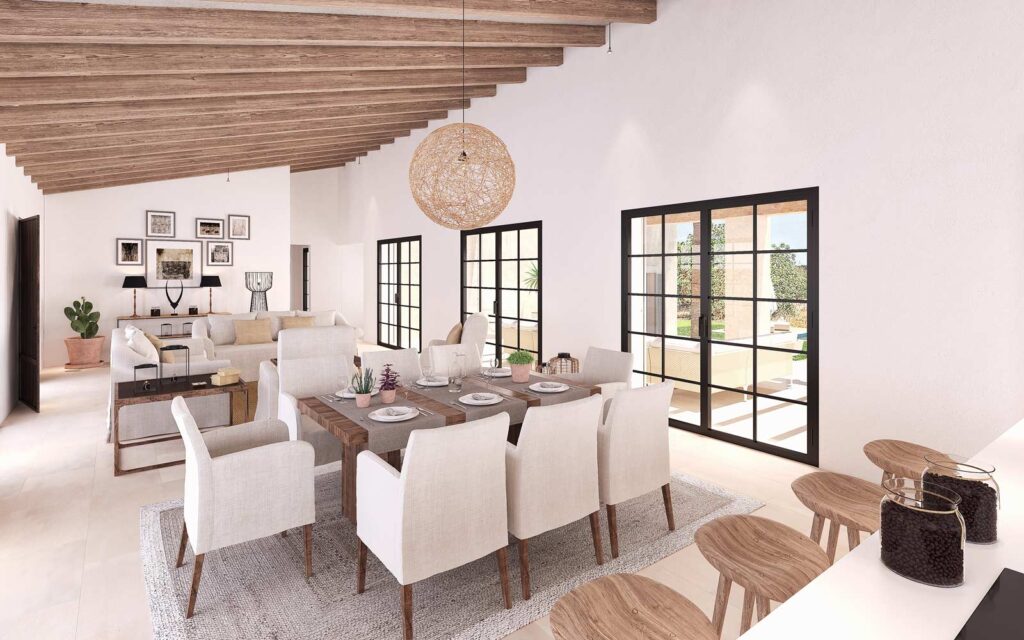 Renders para salón de villa rústica en Deià