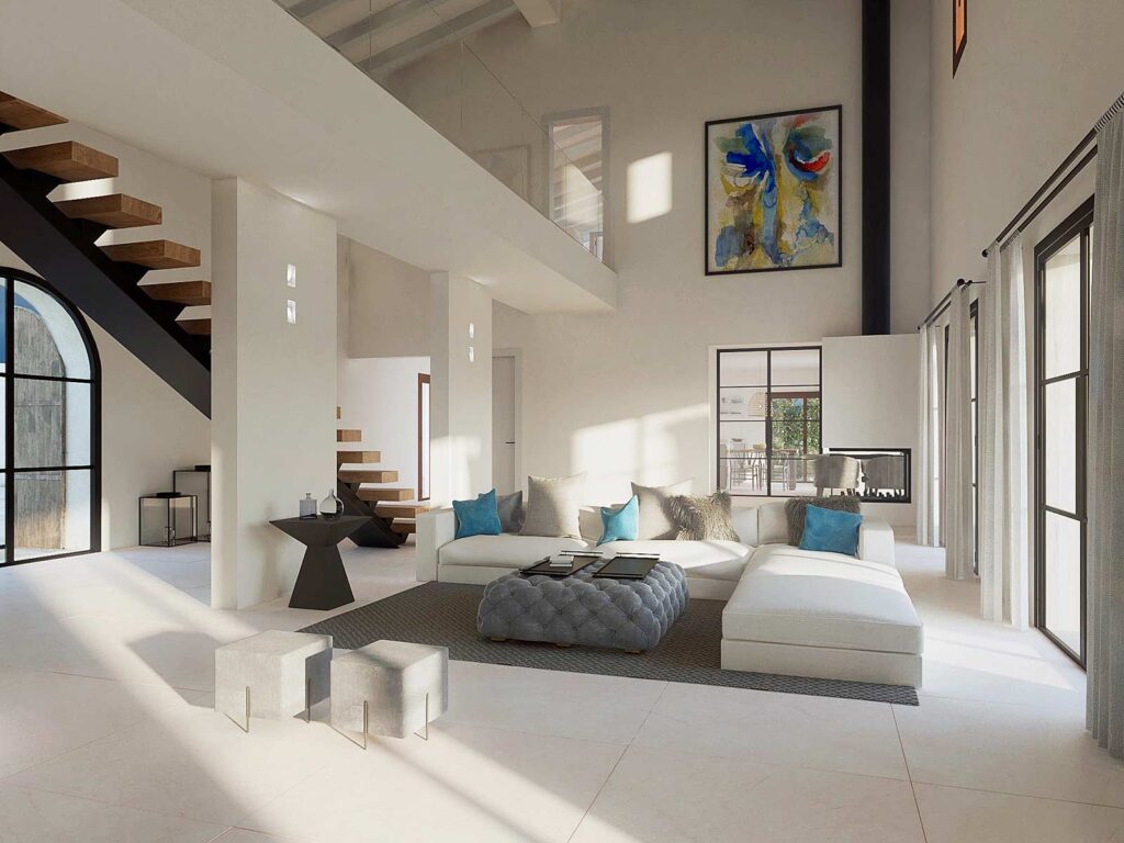 Salón de doble altura en una finca rústica de estilo moderno