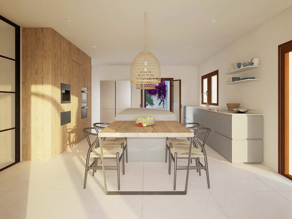 Renderings for a villa in Santanyí. Kitchen with table.
